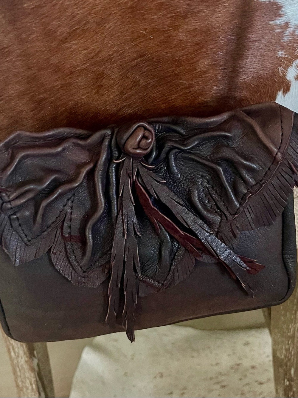 Brown Leather Fringe Crossbody Deer Skin Bag. Artist Vickie Love